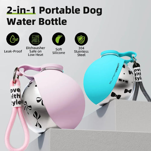 2-In-1 Portable Dog Water Bottle for Small Dogs - Leak-Proof & Compact Dog Travel Water Bottle -Stainless Steel Bottle & Silicon