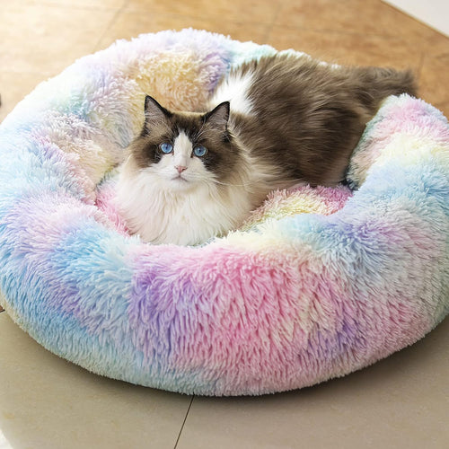 Anti-Anxiety Round Fluffy Plush Faux Fur Washable Pet Bed for Dogs and Cats, Ideal for Joint Relief and Enhanced Sleep (Available in 20", 24", and 27", Rainbow)