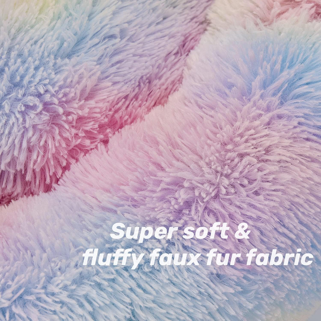 Anti-Anxiety Round Fluffy Plush Faux Fur Washable Pet Bed for Dogs and Cats, Ideal for Joint Relief and Enhanced Sleep (Available in 20", 24", and 27", Rainbow)