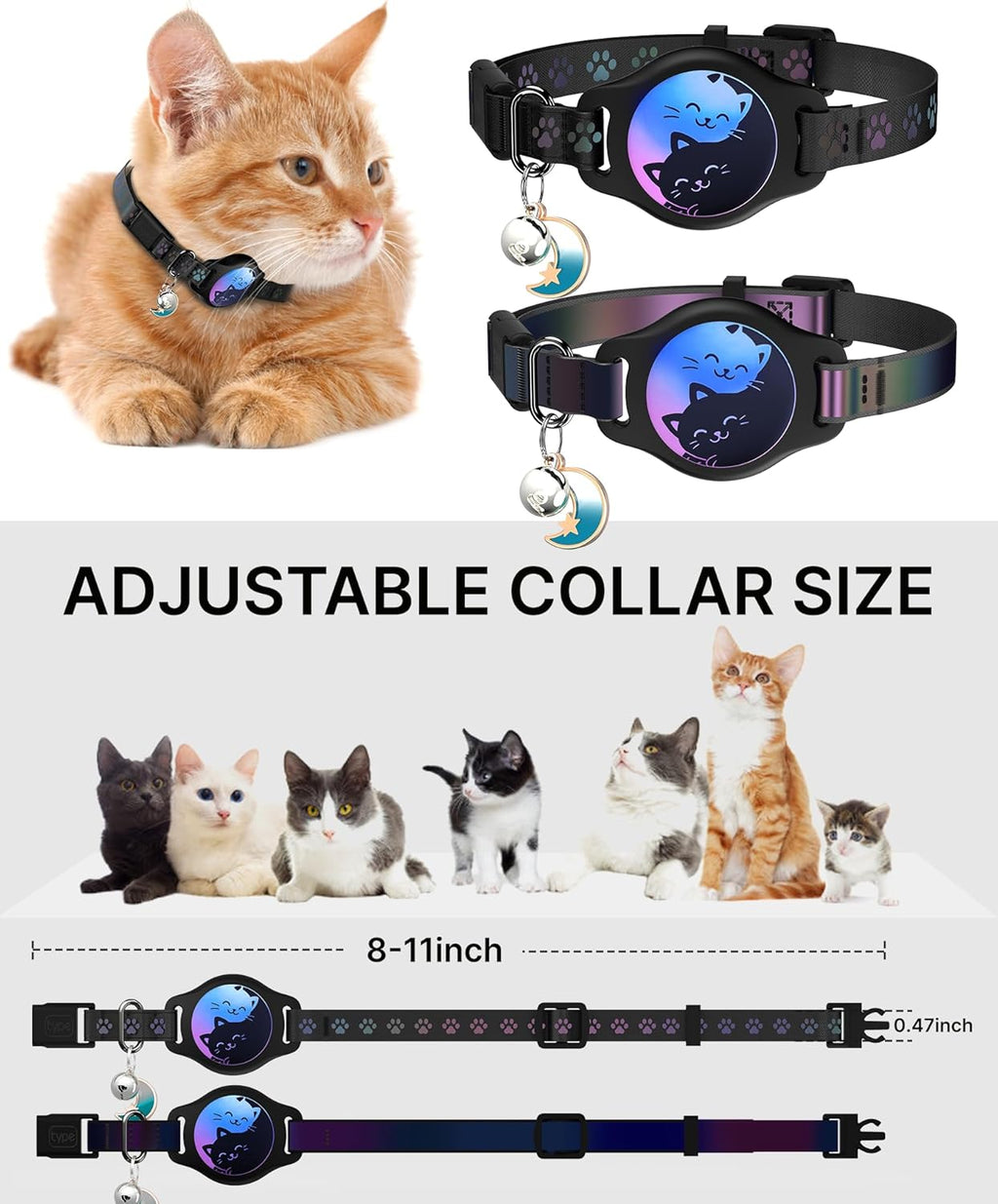 Breakaway Cat Collar with Apple AirTag Holder - 2 Pack Reflective Waterproof Design with Bell, Adjustable 8-12 Inches for Lightweight Comfort and Easy Tracking