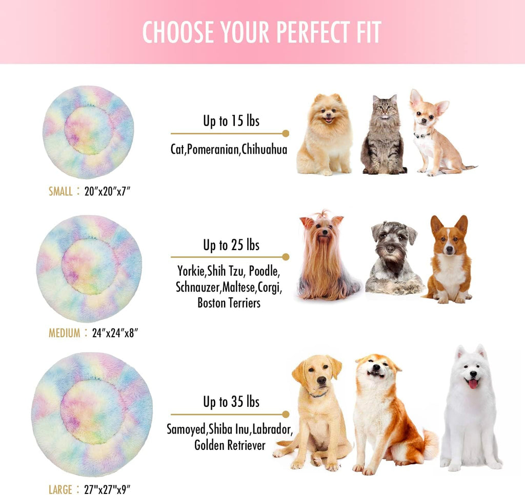 Anti-Anxiety Round Fluffy Plush Faux Fur Washable Pet Bed for Dogs and Cats, Ideal for Joint Relief and Enhanced Sleep (Available in 20", 24", and 27", Rainbow)