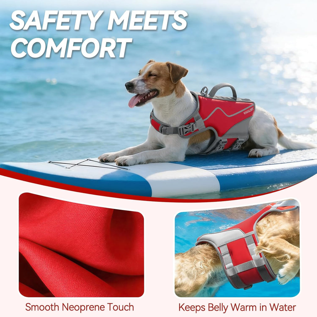 High-Visibility Red Neoprene Dog Life Vest - Adjustable, Comfortable & Safe for Swimming Adventures with Leash Ring & Handle