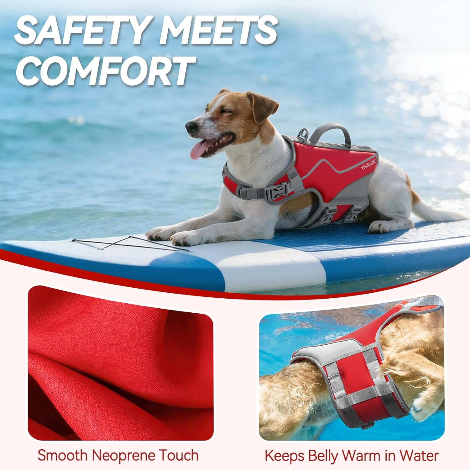 High-Visibility Red Neoprene Dog Life Vest - Adjustable, Comfortable & Safe for Swimming Adventures with Leash Ring & Handle