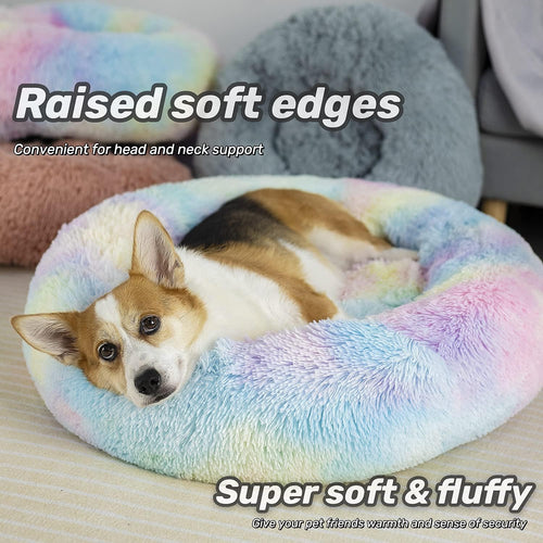 Anti-Anxiety Round Fluffy Plush Faux Fur Washable Pet Bed for Dogs and Cats, Ideal for Joint Relief and Enhanced Sleep (Available in 20", 24", and 27", Rainbow)