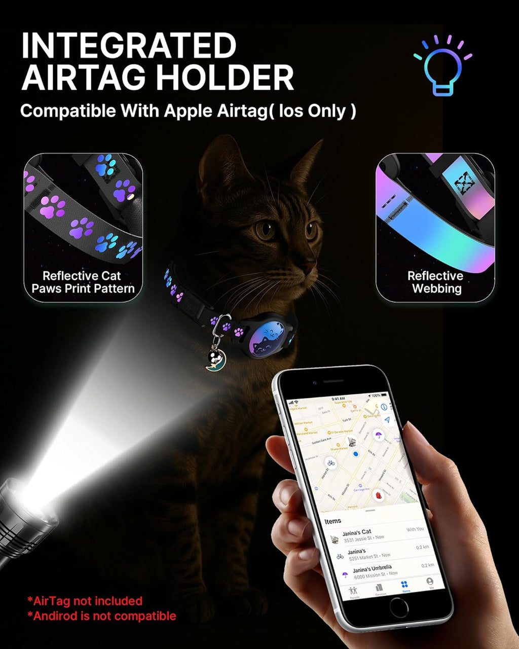 Breakaway Cat Collar with Apple AirTag Holder - 2 Pack Reflective Waterproof Design with Bell, Adjustable 8-12 Inches for Lightweight Comfort and Easy Tracking