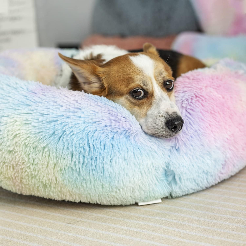 Anti-Anxiety Round Fluffy Plush Faux Fur Washable Pet Bed for Dogs and Cats, Ideal for Joint Relief and Enhanced Sleep (Available in 20", 24", and 27", Rainbow)
